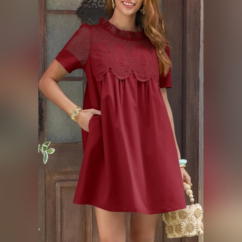 Burgundy Lace Babydoll Mini Dress | Boho Cottagecore | Size L - Picture 2 of 6
